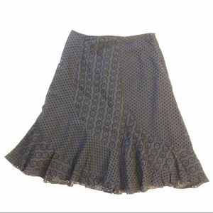 Black eyelet side zip lined flounced midi skirt